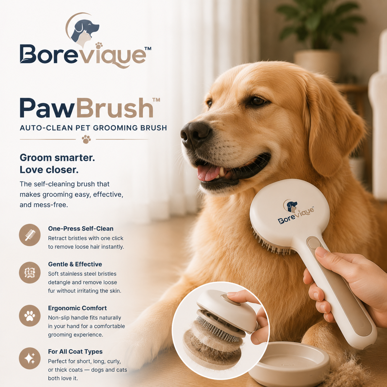 Borevique™ PawBrush Auto-Clean Pet Grooming Brush